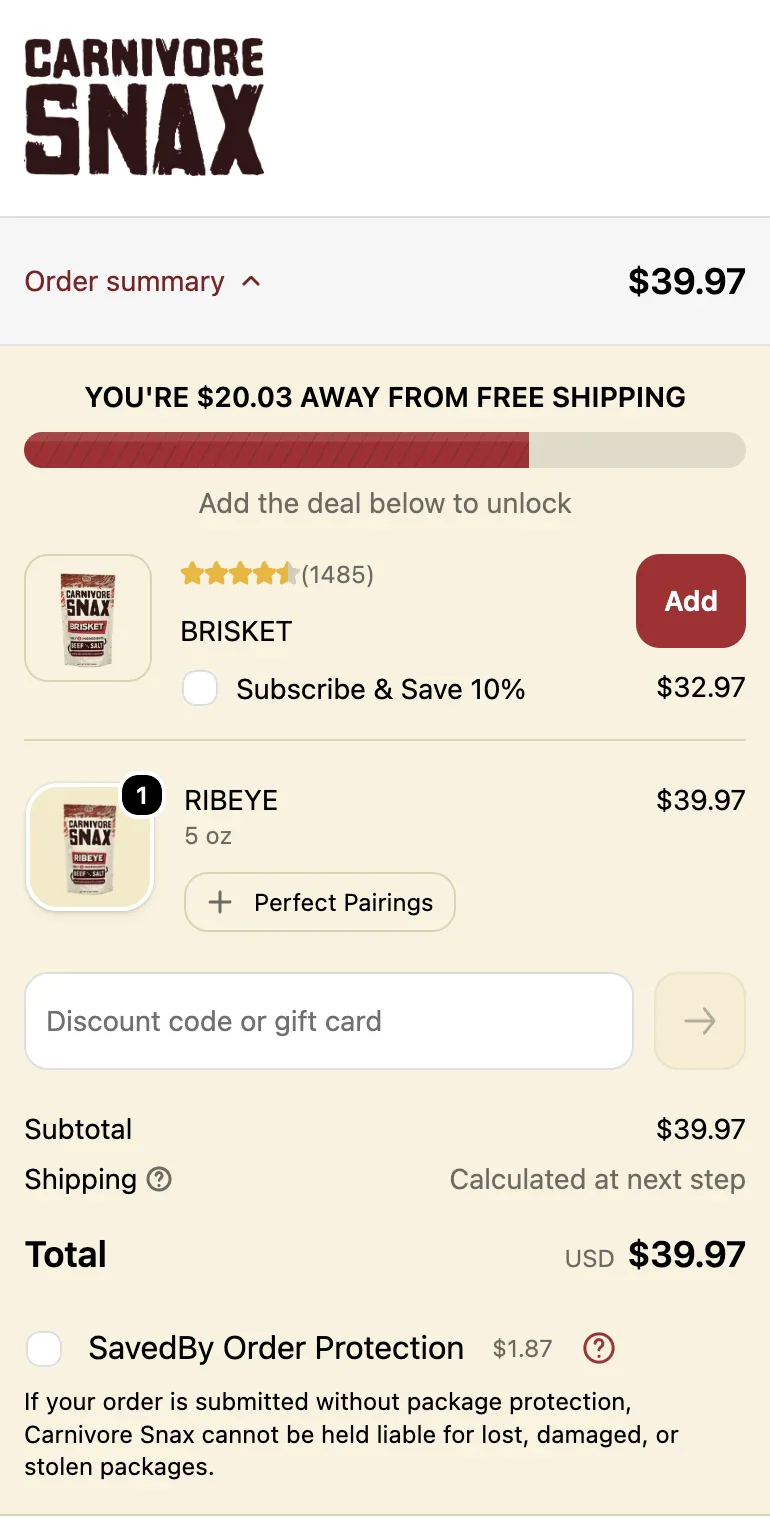 Carnivore Snax cart with a checkout upsell offer and free-shipping ladder